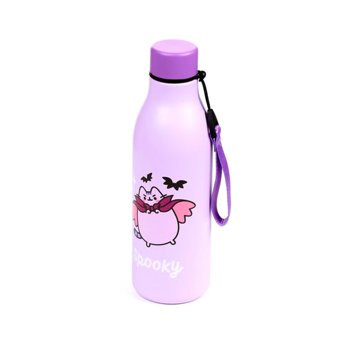 Angled view of a light purple reusable insulated drinks bottle with a dark purple cap. A pink cat character with a dark red cape and pink wings, accompanied by black bats and the word 'Spooky', is printed on the bottle.