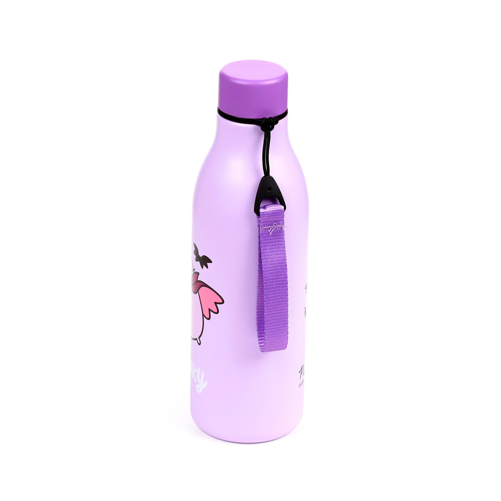 Angled view of a lilac insulated drinks bottle, featuring a Halloween Pusheen the Cat wearing a witch's hat and pink bat wings. It has a purple cap and matching fabric wrist strap.