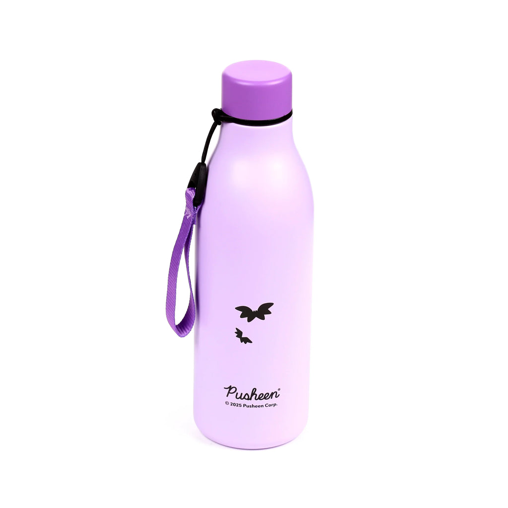 Angled view of a lavender purple reusable insulated drinks bottle with a purple wrist strap, featuring black bat illustrations and 'Pusheen' text.