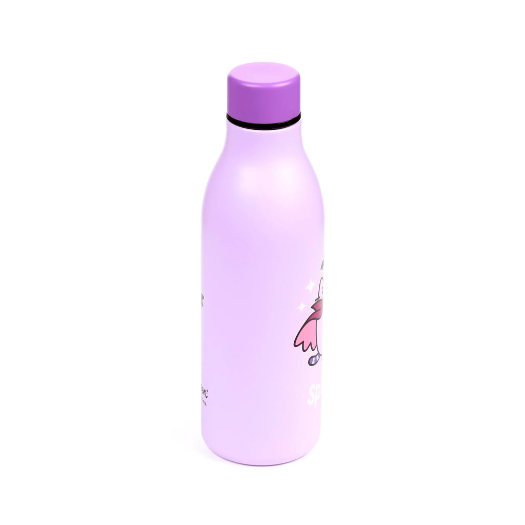 Angled view of a lilac insulated drinks bottle with a dark purple cap, adorned with a cartoon character wearing a pink cloak and sparkling effects.