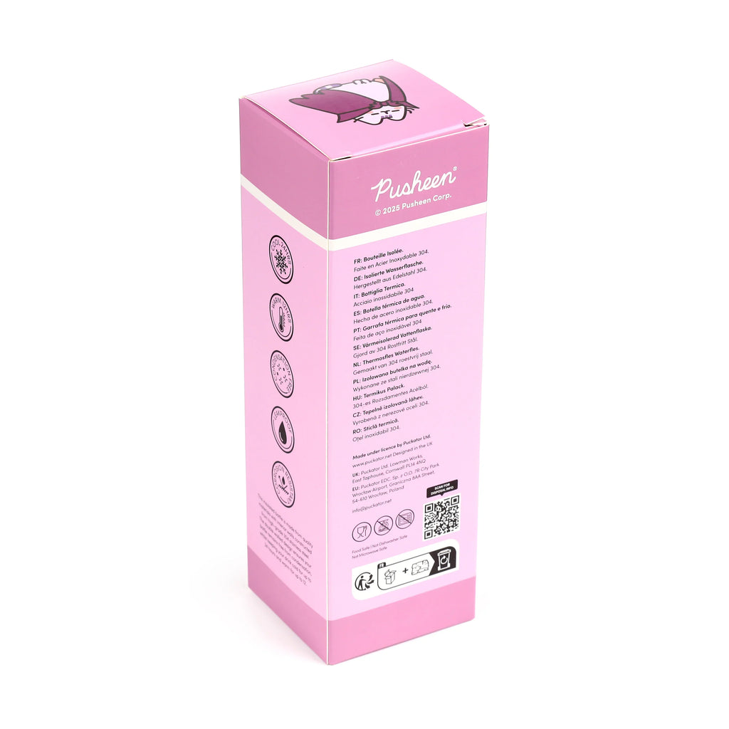 Angled view of a pink packaging box for a Halloween Pusheen insulated flask, showing Pusheen the Cat wearing a purple witch's hat on the top, and various feature icons on the side including 'cool 24hrs' and 'leakproof'.