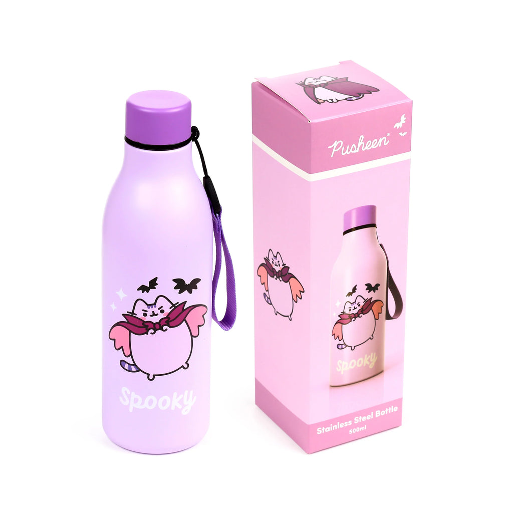 Angled view of a lilac 500ml insulated drinks bottle with a purple lid and strap, featuring a Pusheen the Cat vampire design, 'Spooky' text, and accompanying pink packaging box on a white background.