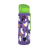 Angled view of a 600ml shatterproof pop top water bottle, purple with a lime green lid, depicting a spooky Halloween design of cartoon ghosts, black cats, pumpkins, bats, skulls, and a cauldron.