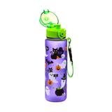 Angled view of a 600ml purple pop-top water bottle with an open bright green lid and green strap. The bottle features Halloween-themed illustrations of black cats, white ghosts, pumpkins, bats, and a cauldron.