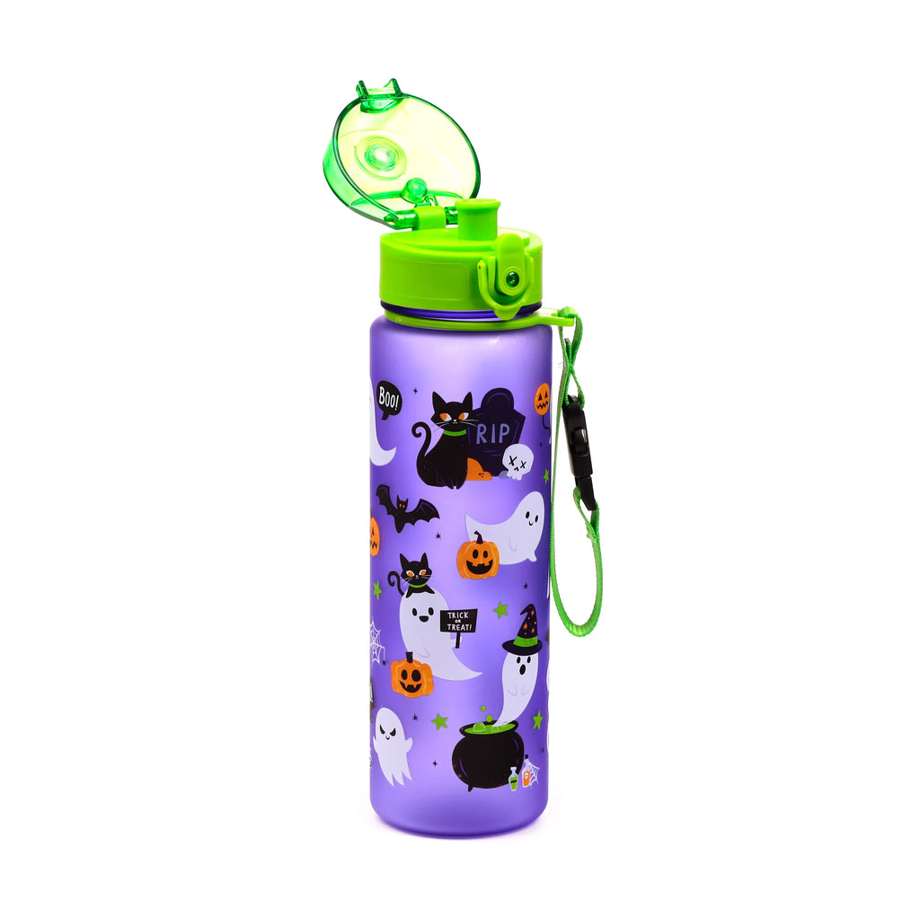 Angled view of a 600ml purple pop-top water bottle with an open bright green lid and green strap. The bottle features Halloween-themed illustrations of black cats, white ghosts, pumpkins, bats, and a cauldron.