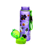 Angled view of a 600ml translucent purple shatterproof water bottle featuring spooky Halloween illustrations including ghosts, black cats, pumpkins, bats, and skulls. The open lime green pop top lid is visible in the foreground, alongside a matching lime green carry strap.