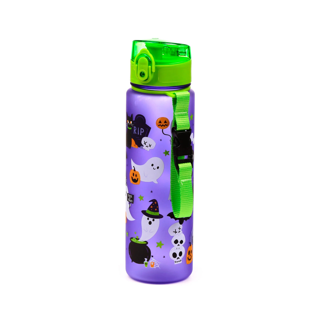 Angled view of a purple water bottle with a lime green pop-top lid and matching strap, decorated with various Halloween designs including ghosts, pumpkins, and a black cat.