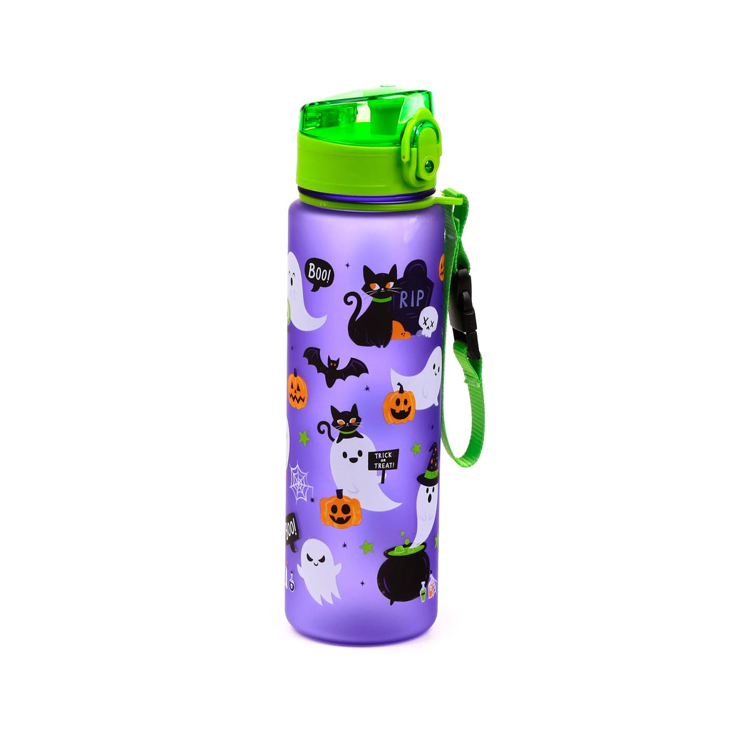 Angled view of a purple 600ml shatterproof pop-top water bottle with a spooky Halloween design, featuring ghosts, black cats, pumpkins, and bats, plus a vibrant green lid and carry strap.