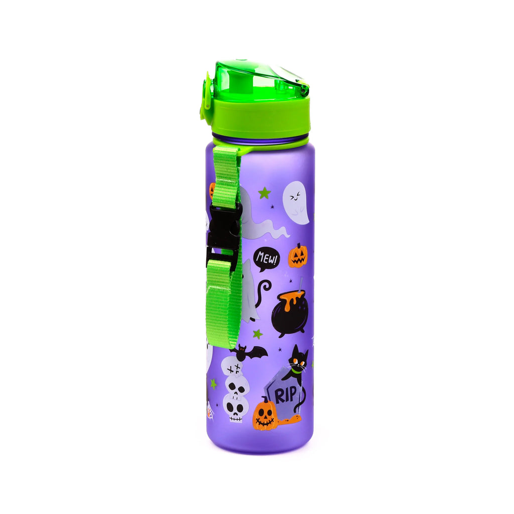 Angled view of a purple 600ml shatterproof pop top water bottle with a bright green lid and carrying strap, featuring a colourful spooky Halloween design of ghosts, pumpkins, a black cat, cauldron, skulls, and a bat.