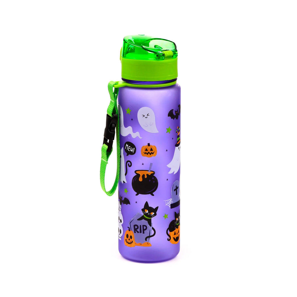 Angled view of a purple Halloween water bottle with a translucent green pop-top lid and carry strap, decorated with white ghosts, black cats, orange pumpkins, bats, and gravestones.