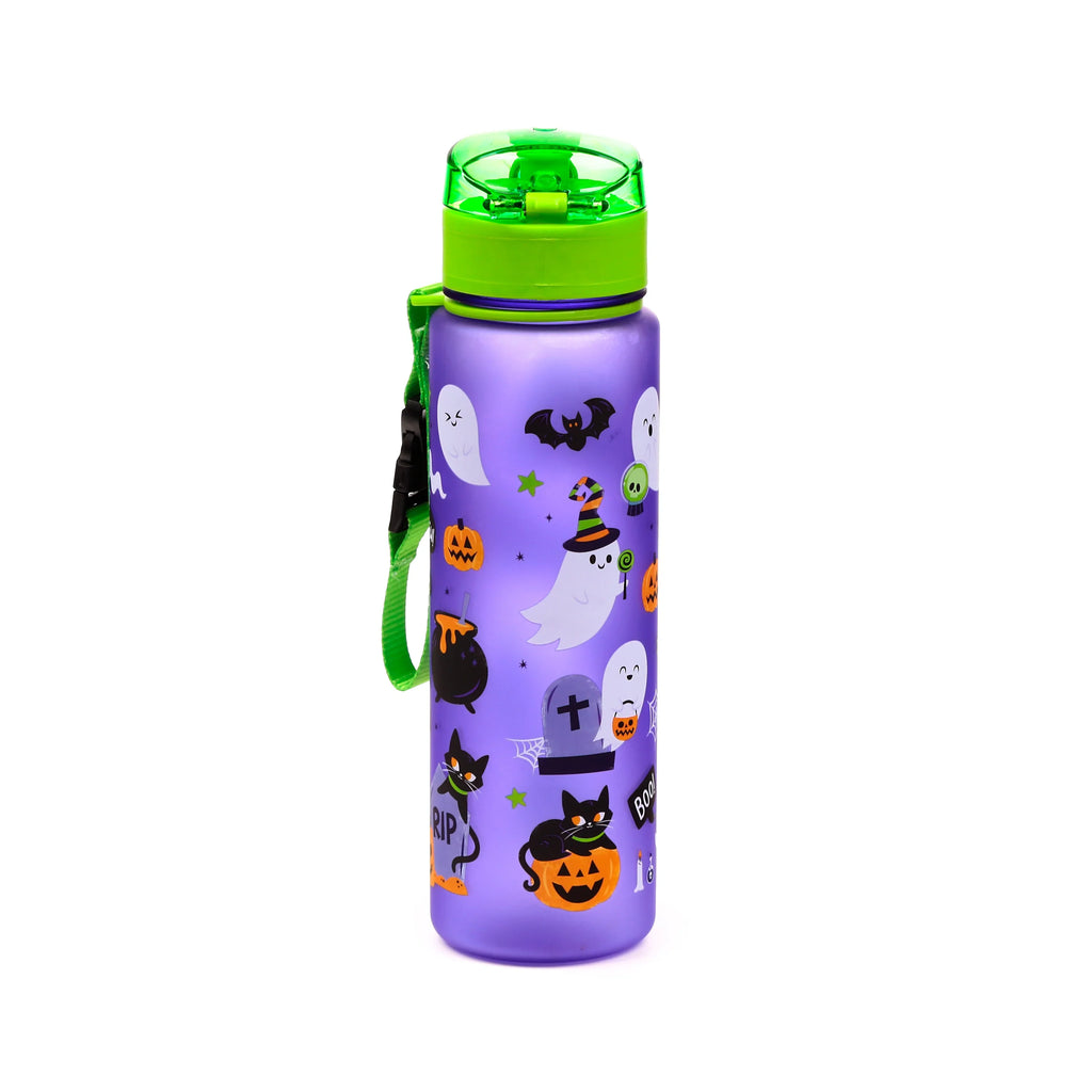 Full-length angled view of a 600ml purple shatterproof pop top water bottle with a green lid and strap, featuring a spooky Halloween print of ghosts, black cats, pumpkins, bats, and tombstones.