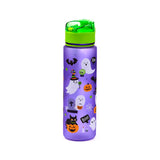 Upright view of a 600ml shatterproof translucent purple pop top water bottle with a bright green lid, featuring a spooky Halloween pattern of ghosts, jack-o'-lanterns, bats, and black cats.