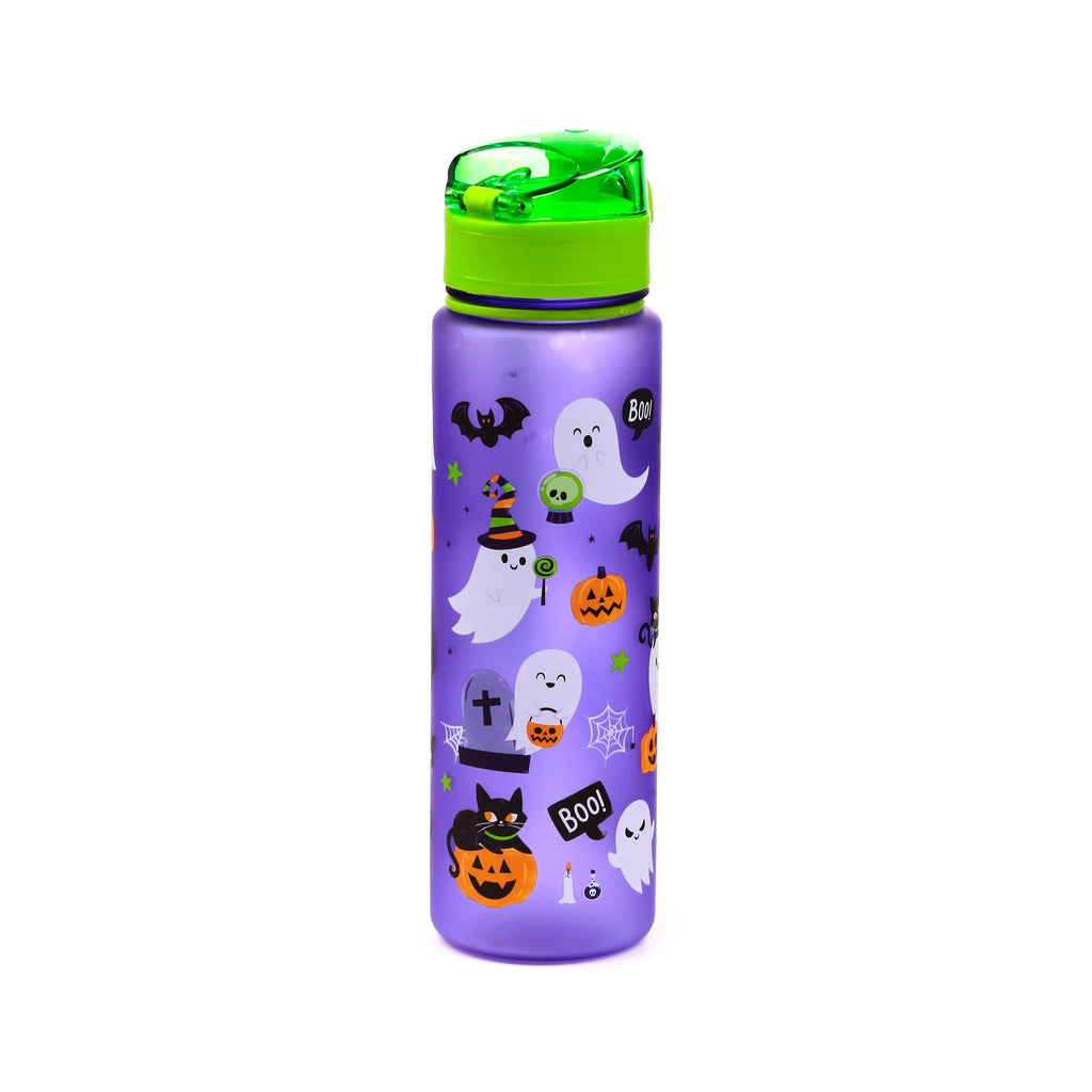 Upright view of a 600ml shatterproof translucent purple pop top water bottle with a bright green lid, featuring a spooky Halloween pattern of ghosts, jack-o'-lanterns, bats, and black cats.