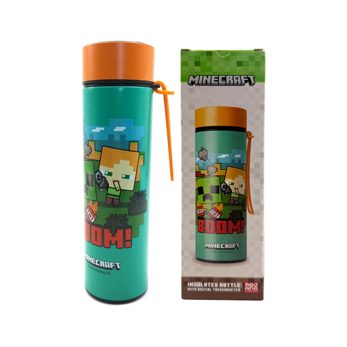 Angled view of a teal reusable insulated drinks bottle, featuring a Minecraft Alex character and 'BOOM!' design, with an orange lid and a hanging strap. The bottle is pictured next to its product box, which displays the same design and text 'Insulated Bottle with Digital Thermometer', all on a white background.