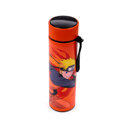 Angled view of an orange insulated flask featuring a Naruto graphic, a black digital thermometer lid, and a black carry strap.