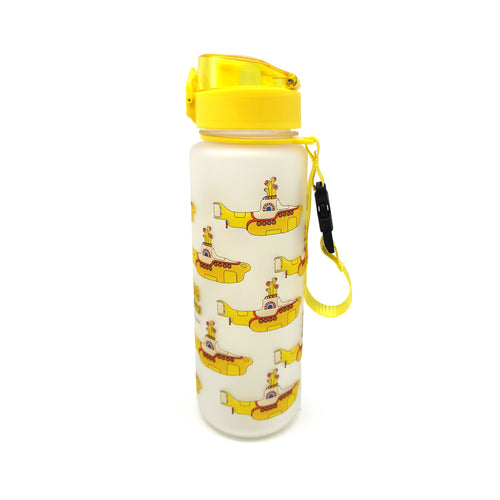 Angled view of a 600ml water bottle with a frosted white body, yellow pop-top lid, and a yellow carry strap with a black clip, decorated with multiple yellow submarine illustrations.