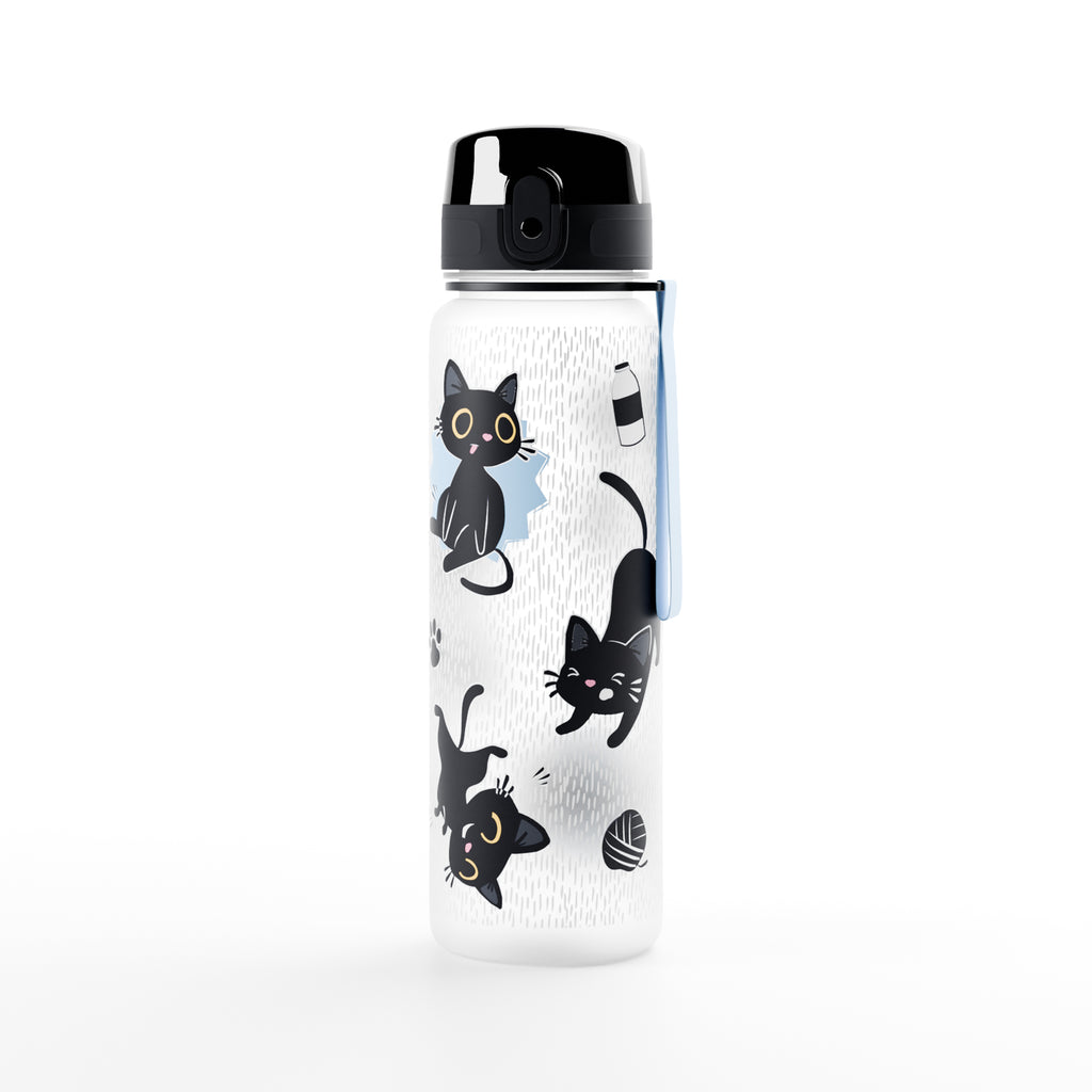 White water bottle with black pop top lid, decorated with black cat illustrations, paw prints, a milk bottle, and a ball of yarn. Features a blue carry strap.