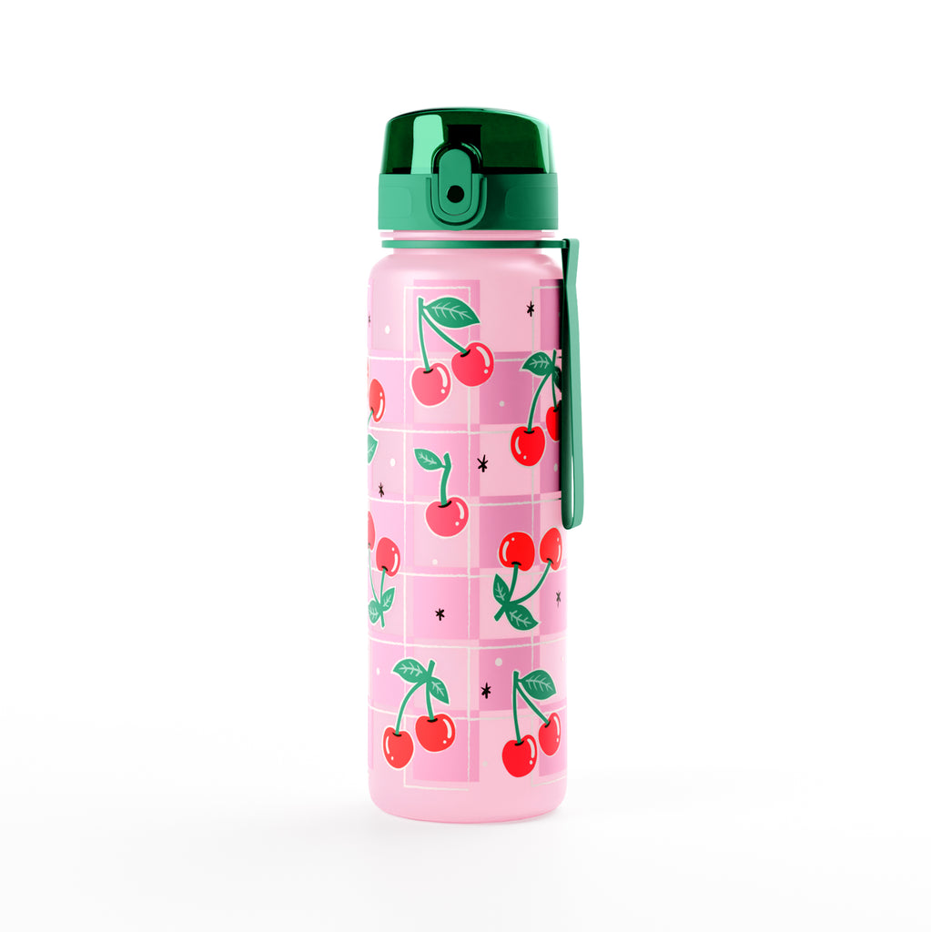 Angled view of a pink 600ml shatterproof water bottle, adorned with a red cherry and green leaf pattern. It features a dark green pop-top lid with an integrated carry loop.