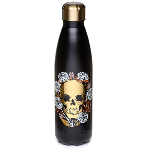 Front view of a matte black insulated drinks bottle with a metallic gold lid, featuring a gold skull design encircled by white and pink roses.