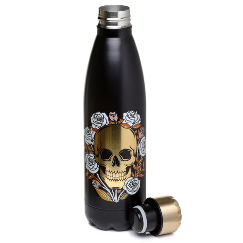 Black reusable 500ml insulated drinks bottle with a gold skull and rose design, displayed standing with its gold-coloured detached lid.