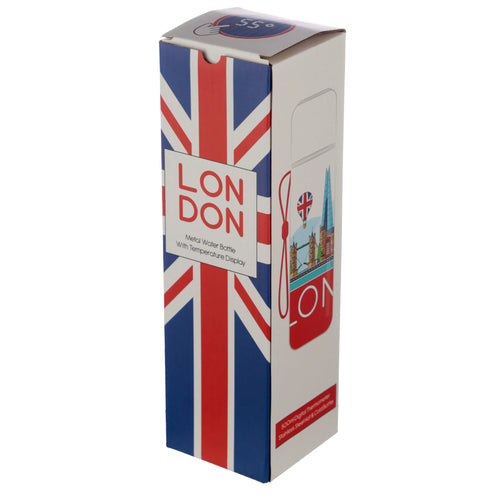 Angled view of the white cardboard packaging for a reusable stainless steel insulated drinks bottle. The box features a Union Jack flag design with 'LONDON' text, stylised London icons, and mentions 'Hot & Cold Bottle' and 'Digital Thermometer' with a '55°' icon on the top.