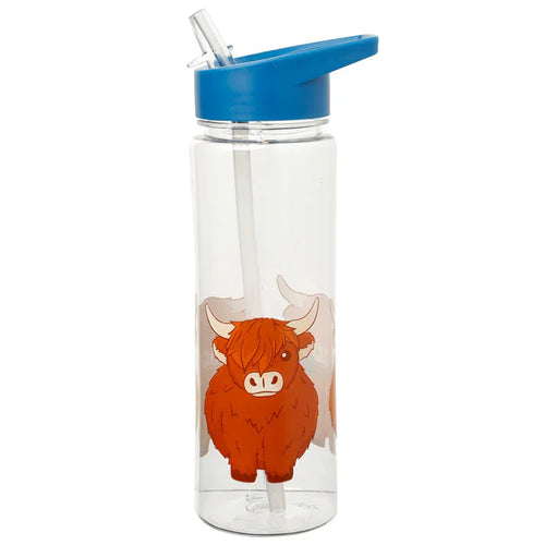 Upright clear reusable water bottle with a bright blue flip-up straw lid, prominently featuring a shaggy orange Highland coo illustration on its transparent body.