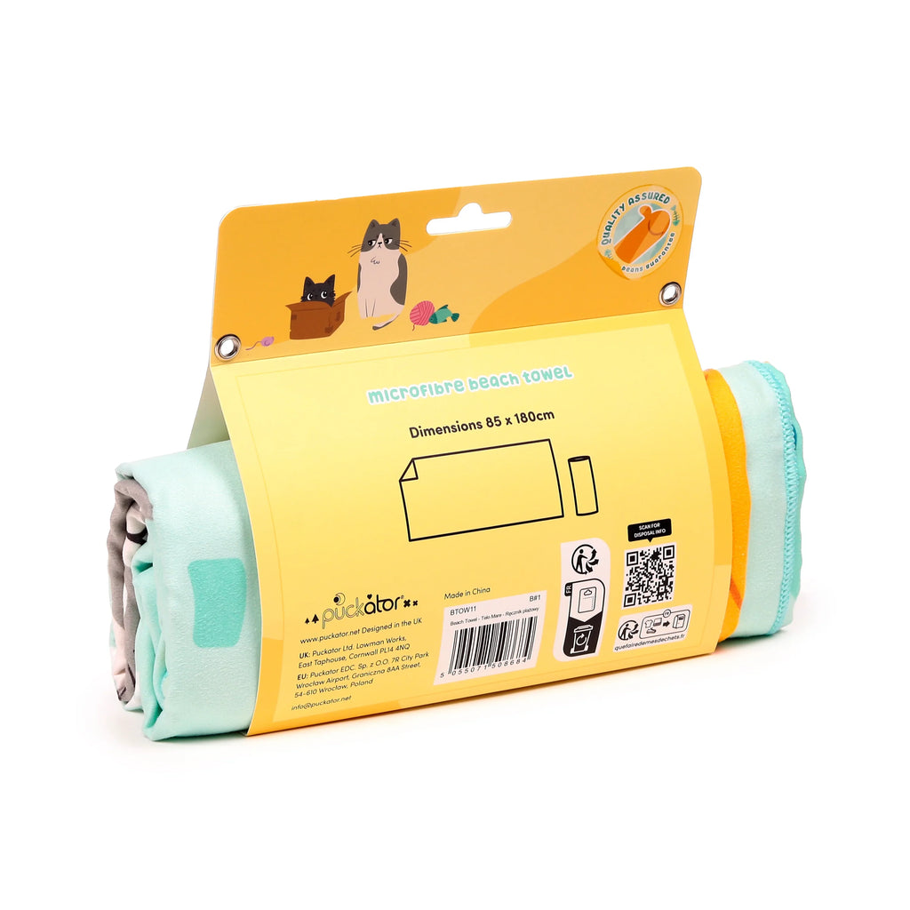 Angled view of a rolled aqua microfibre beach towel with yellow packaging, illustrated with cartoon cats.