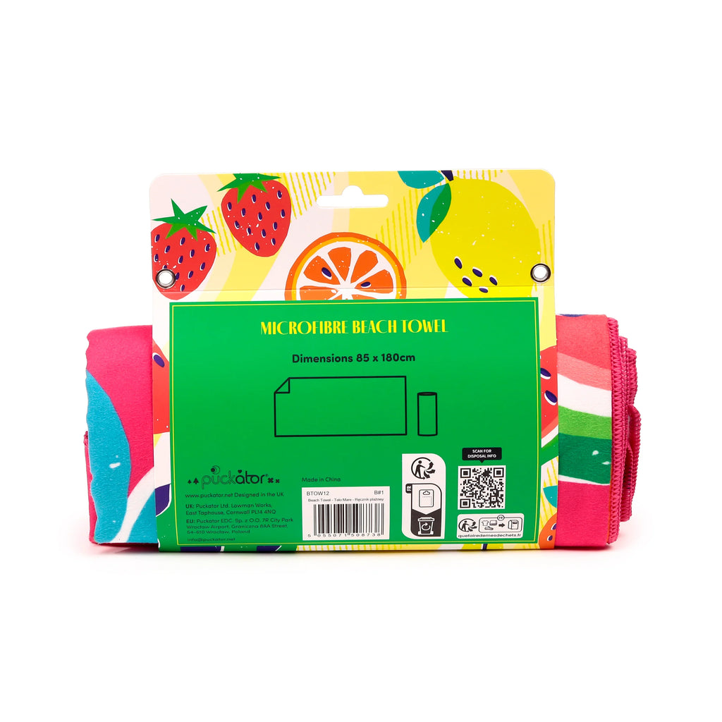 Back view of a rolled microfibre beach towel in its packaging, featuring a vibrant summer fruit design and colourful visible towel edges.