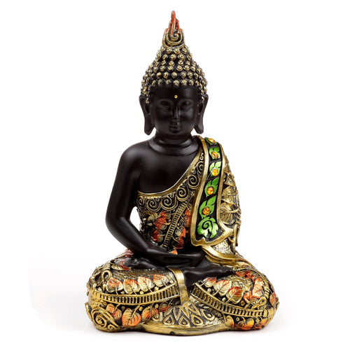 Front view of a decorative black Thai Buddha figurine seated in contemplation, featuring gold, orange, and green ornate detailing.