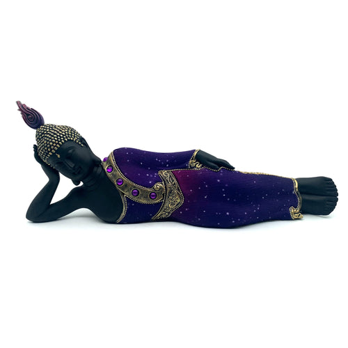 Purple and black reclining Thai Buddha figurine ornament, detailed with gold-coloured trim and purple gems against a plain white background.