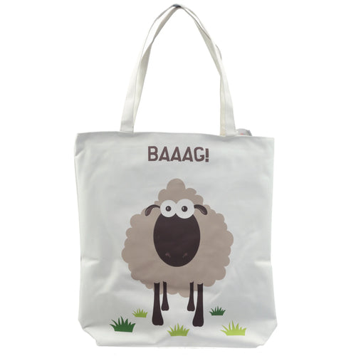 Front view of a white cotton shopping bag, featuring a cartoon sheep design with a brown face, large white eyes, and brown legs, green grass tufts below, and 'BAAAG!' text printed above.