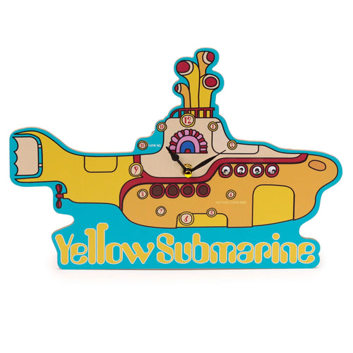 Front view of a decorative yellow and blue Yellow Submarine wall clock, featuring black hands, numerical hour markers, and the words 'Yellow Submarine' printed on its base.