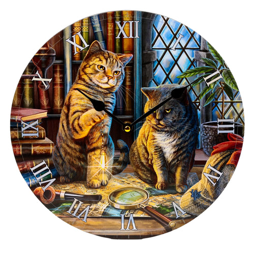 Front view of a decorative round wall clock, depicting two feline figures in a detective-themed library setting. A striped tabby cat holds a glowing lantern, whilst a dark grey cat sits nearby on a map. The scene includes books, a magnifying glass, and a pipe, with Roman numerals marking the hours and black clock hands.