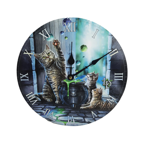 Circular wall clock, displaying a fantasy illustration of a large tabby cat and two kittens playing with a bubbling green cauldron and floating green and blue bubbles, marked with Roman numerals.