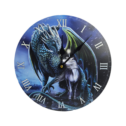 Front view of a circular wall clock, featuring a blue and green scaled dragon protecting a white unicorn. It has white Roman numerals and black hands on a dark blue background.