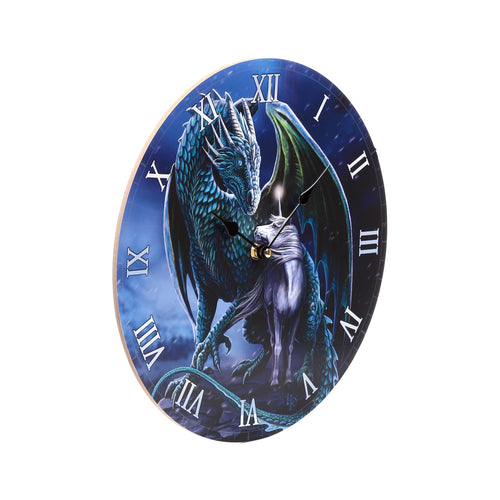 Angled view of a circular wall clock with a dark blue background, depicting a blue-green dragon and a white unicorn. White Roman numerals mark the hours, with black clock hands.