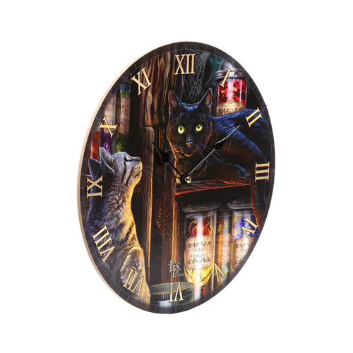 Angled view of a round wall clock with an illustration of a black cat and a striped cat in a magical emporium. It features potion jars, gold-coloured Roman numerals, and black clock hands.