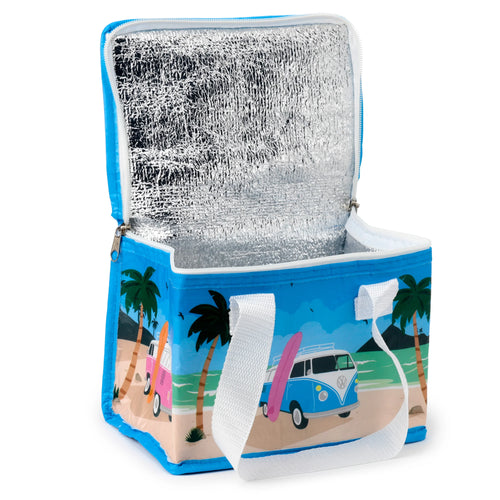 Angled view of an open blue cool bag, showing its silver insulated interior and an exterior illustration of a beach scene with a blue Volkswagen T1 Camper Bus, a pink surfboard, and palm trees, with white carry handles.