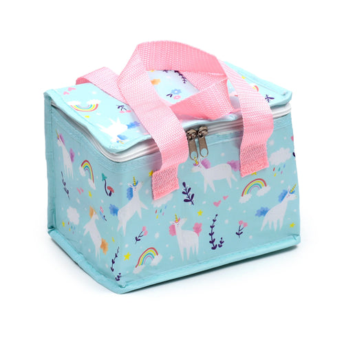 Angled view of a light blue cool bag with a colourful pattern of white unicorns, rainbows, clouds, and stars. It features pink woven carry handles and a white double-zip closure.