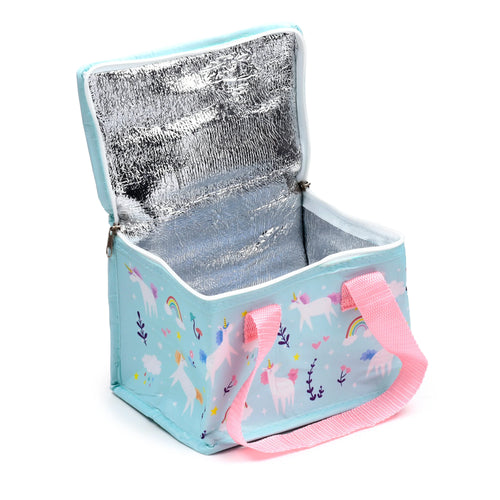 Light blue cool bag, open to reveal its silver thermal lining, featuring a unicorn, rainbow, and star pattern, with pink carry handles.