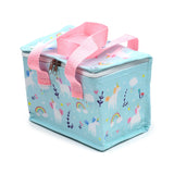 Angled view of a light blue cool bag with a colourful unicorn, rainbow, cloud, and star pattern, featuring pink fabric handles and a white zip closure.