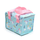 Angled view of a light blue cool bag with a colourful unicorn, rainbow, and cloud pattern, featuring pink fabric handles and a top zip closure.