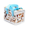 Angled view of a white cool bag with a colourful pattern of various cartoon cat breeds, featuring a light blue fabric handle and white zip.