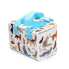 Angled view of a white RPET cool bag, featuring a vibrant feline print of assorted cartoon cats in various shades of brown, grey, and orange, with light blue woven carry handles.
