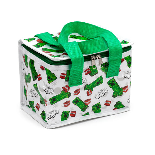 Angled view of a white fabric cool bag, patterned with green Minecraft Creepers, red TNT blocks, and Sss...BOOM! text, featuring a green zip and matching green fabric handles.