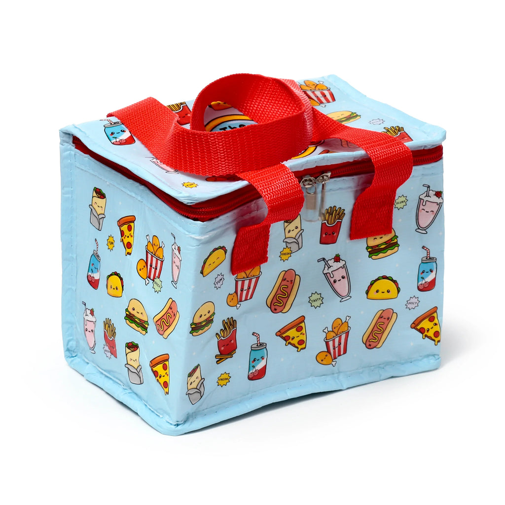 Angled view of a light blue cool bag with red handles and a red zip closure. The bag features a fun foodiemals pattern with smiling pizza slices, burgers, hot dogs, and milkshakes.