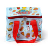 Front view of a light blue cool bag featuring a 'The Foodiemals' cartoon pattern with smiling food and drink characters, including burgers, hot dogs, fries, and pizza. It has red fabric handles and a red zip closure.