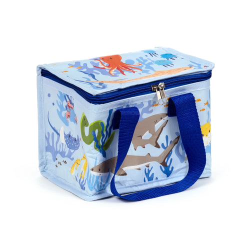 Angled view of a light blue RPET cool bag, featuring a marine life pattern with sharks, an octopus, and coral, with a blue zip closure and blue fabric handles.