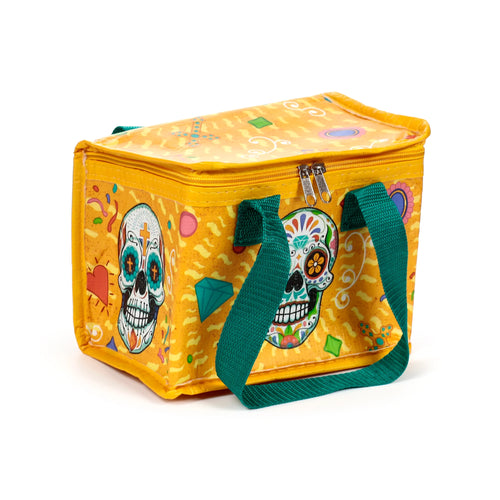 Yellow Day of the Dead cool bag with colourful sugar skull, heart, and diamond patterns, green woven handles, and a yellow twin-zip closure, from an angled front and side view.