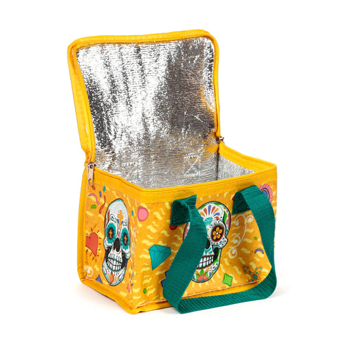 Angled view of an open Day of the Dead RPET cool bag, featuring a yellow exterior with colourful sugar skull patterns, green handles, and a silver thermal lining visible inside.
